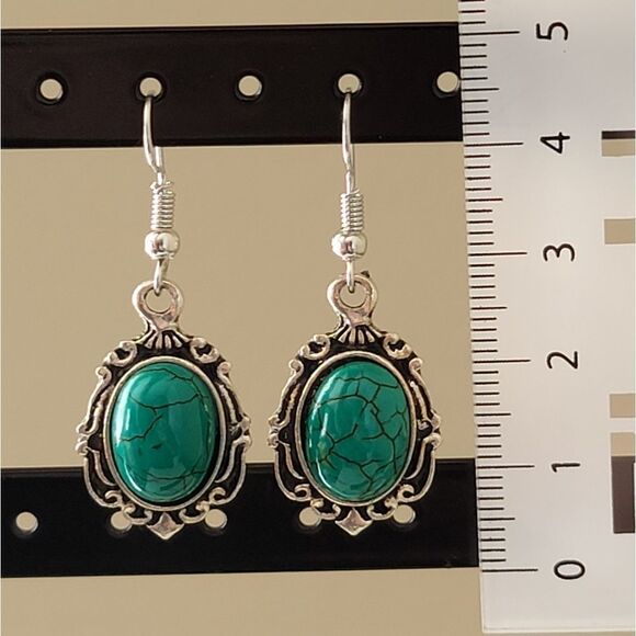 Earrings Silver Tone Turquoise Teal Earrings #0064 - Picture 6 of 7